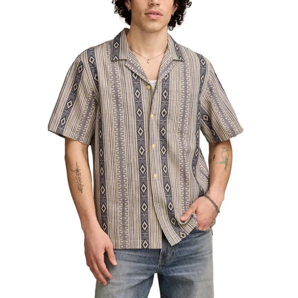 Lucky Brand Mens XXL Textured Stripe Camp Collar Button Up Mens Shirt NEW